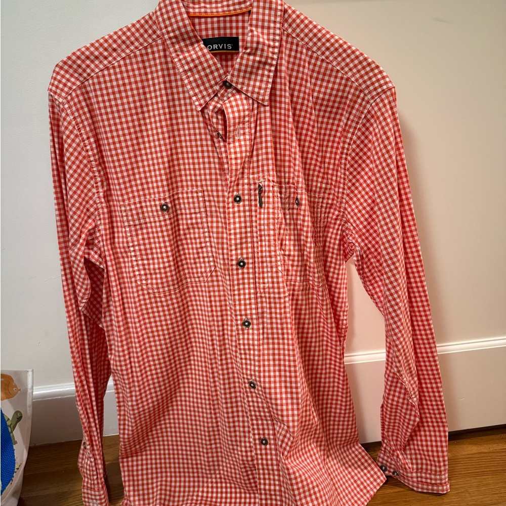 Orvis Men's Orange and White Gingham Shirt